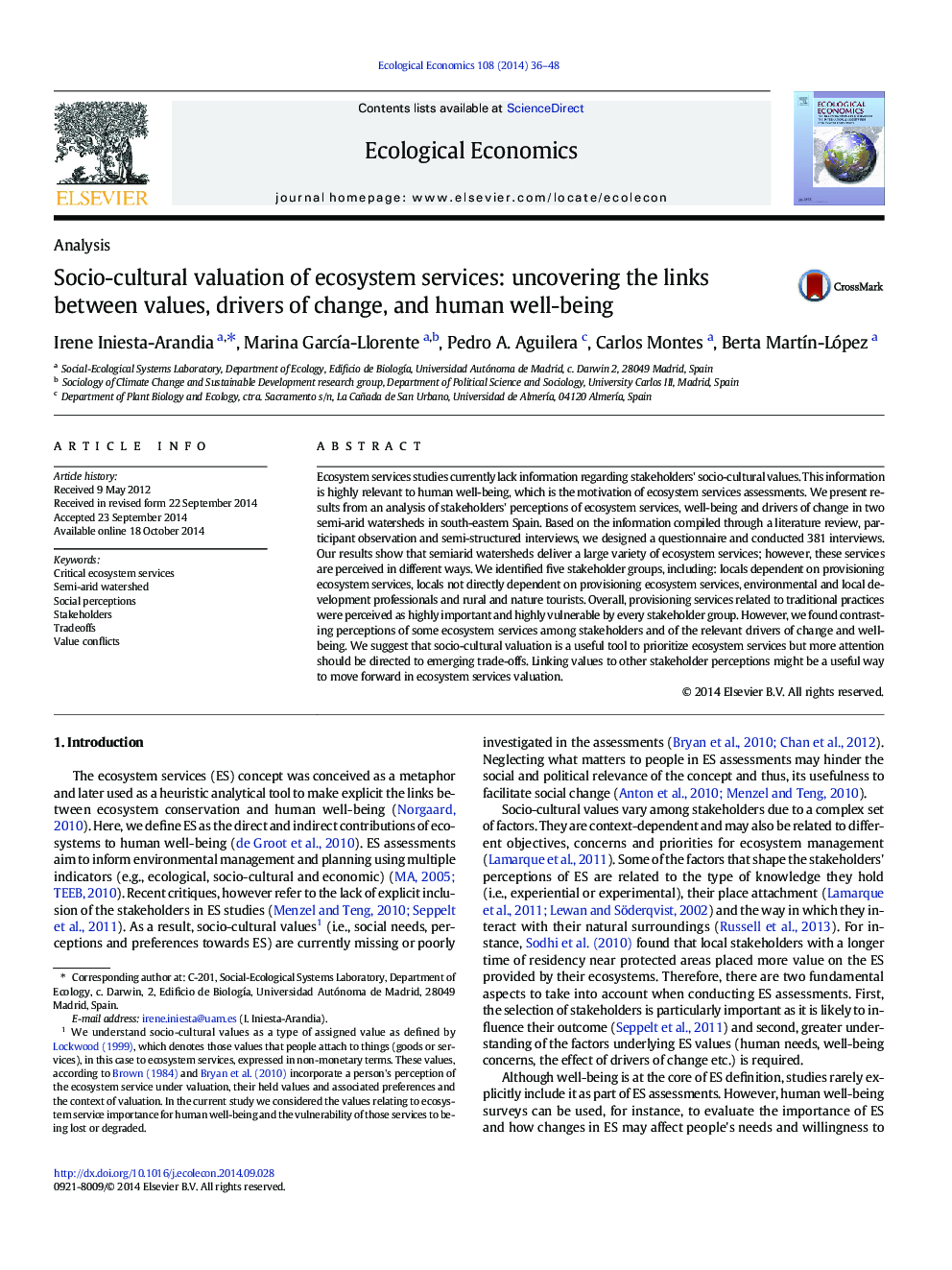 Socio-cultural valuation of ecosystem services: uncovering the links between values, drivers of change, and human well-being