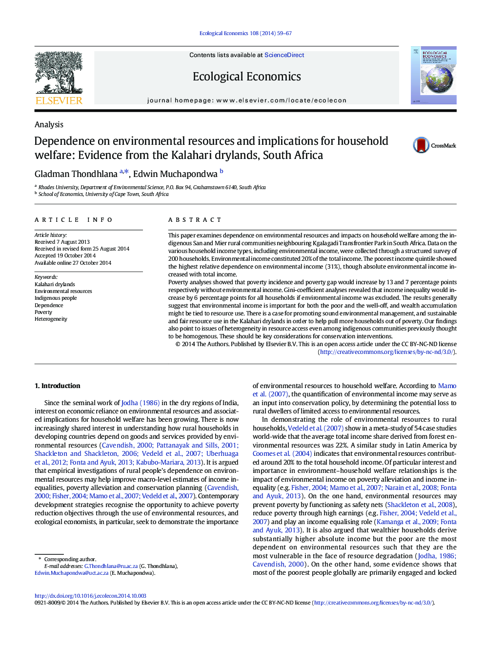 Dependence on environmental resources and implications for household welfare: Evidence from the Kalahari drylands, South Africa