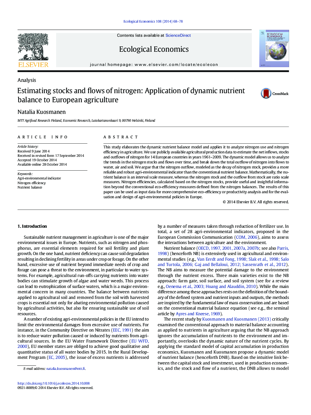 Estimating stocks and flows of nitrogen: Application of dynamic nutrient balance to European agriculture