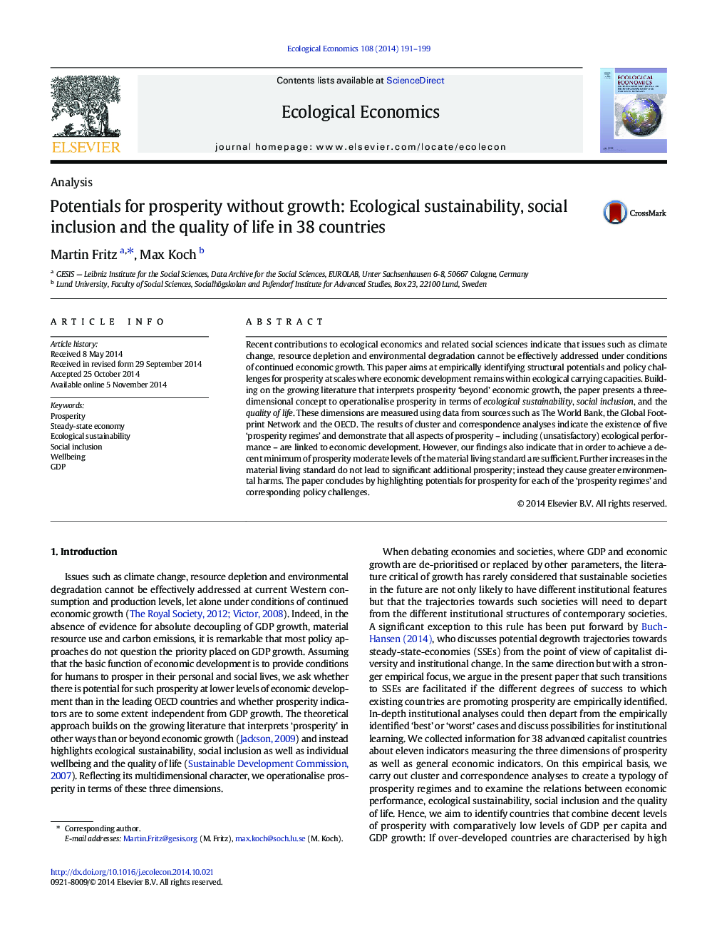 Potentials for prosperity without growth: Ecological sustainability, social inclusion and the quality of life in 38 countries