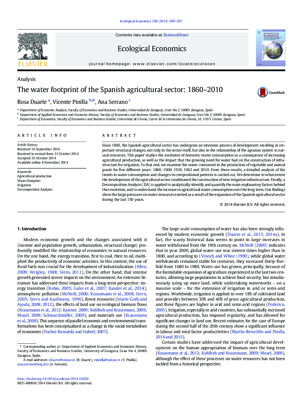 The water footprint of the Spanish agricultural sector: 1860-2010