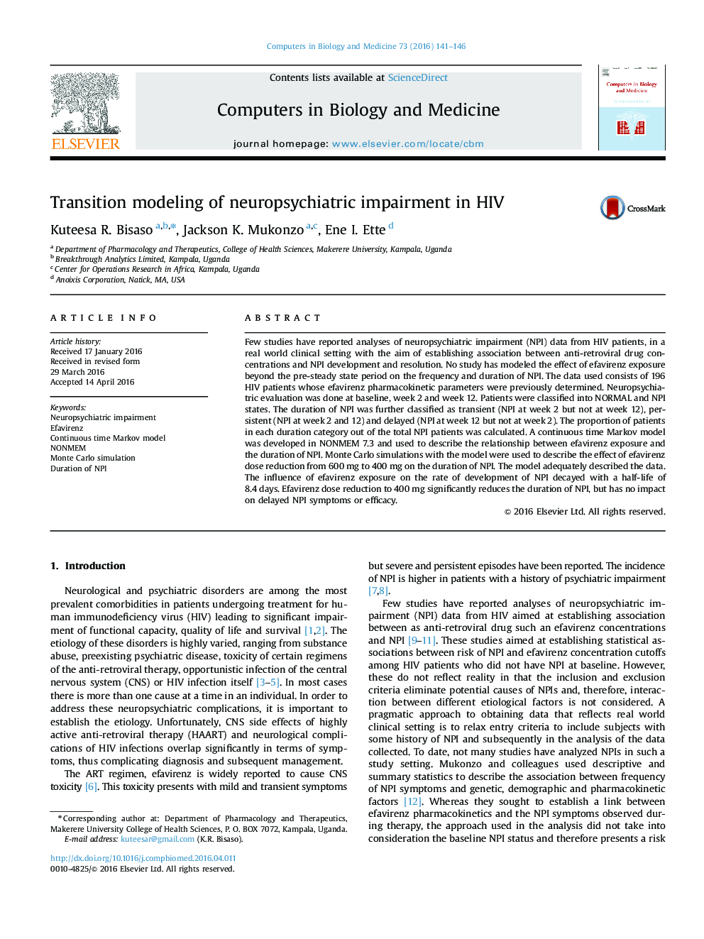 Transition modeling of neuropsychiatric impairment in HIV