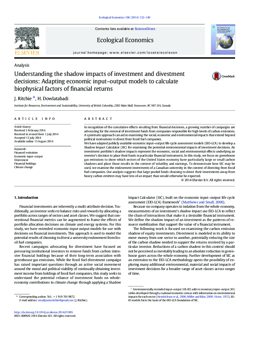 Understanding the shadow impacts of investment and divestment decisions: Adapting economic input–output models to calculate biophysical factors of financial returns