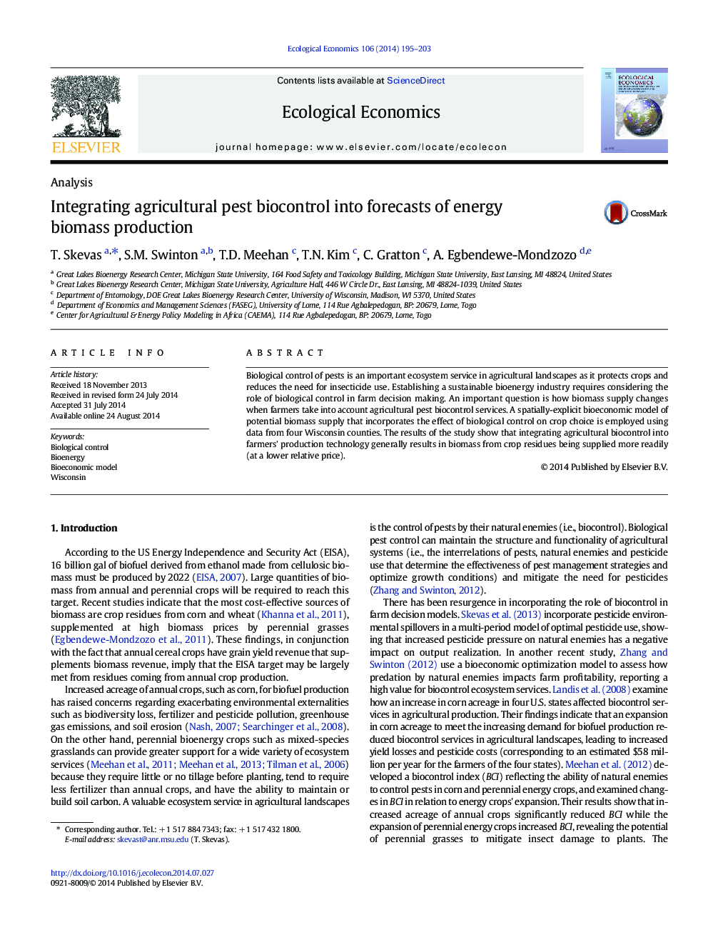 Integrating agricultural pest biocontrol into forecasts of energy biomass production