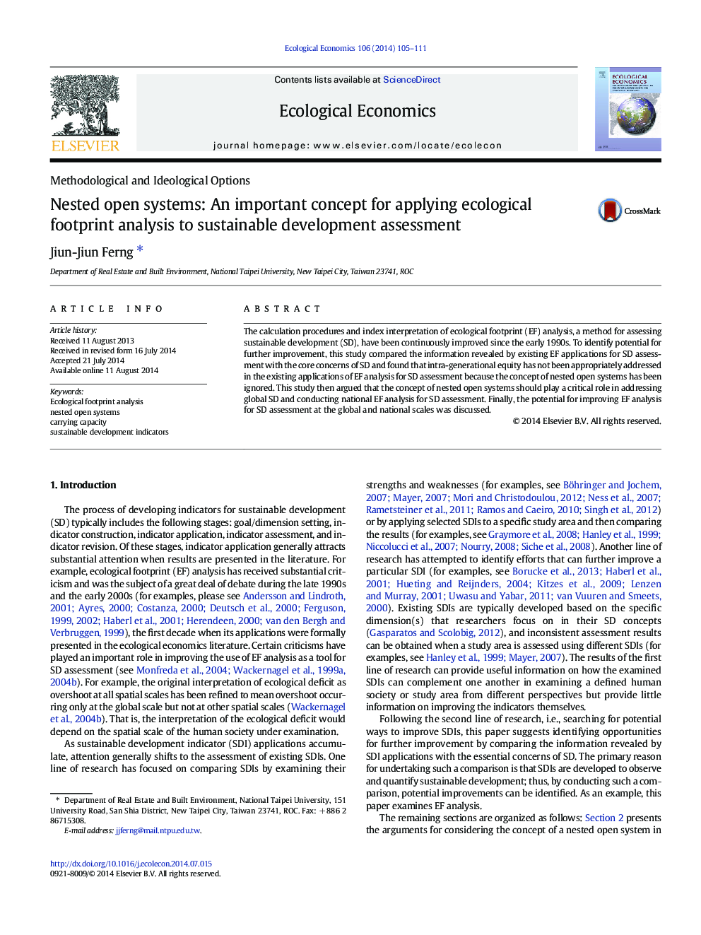 Nested open systems: An important concept for applying ecological footprint analysis to sustainable development assessment