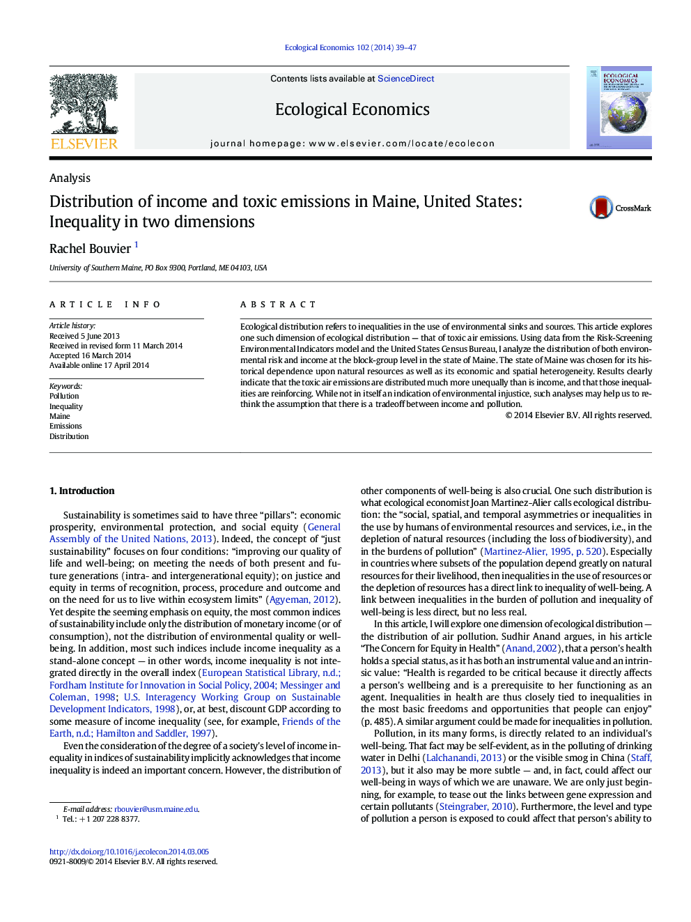 Distribution of income and toxic emissions in Maine, United States: Inequality in two dimensions