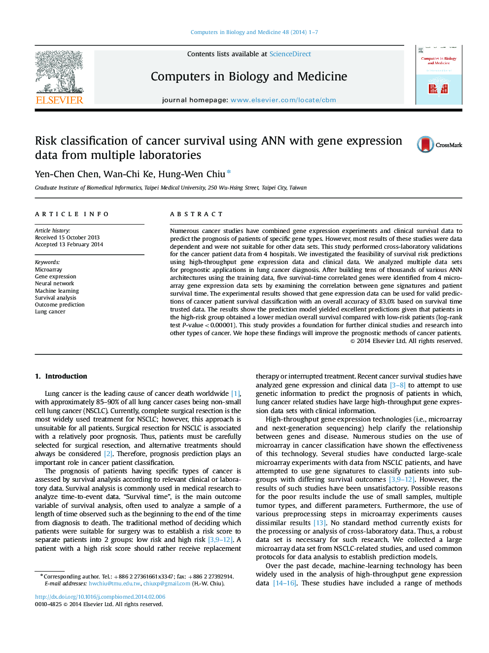 Risk classification of cancer survival using ANN with gene expression data from multiple laboratories