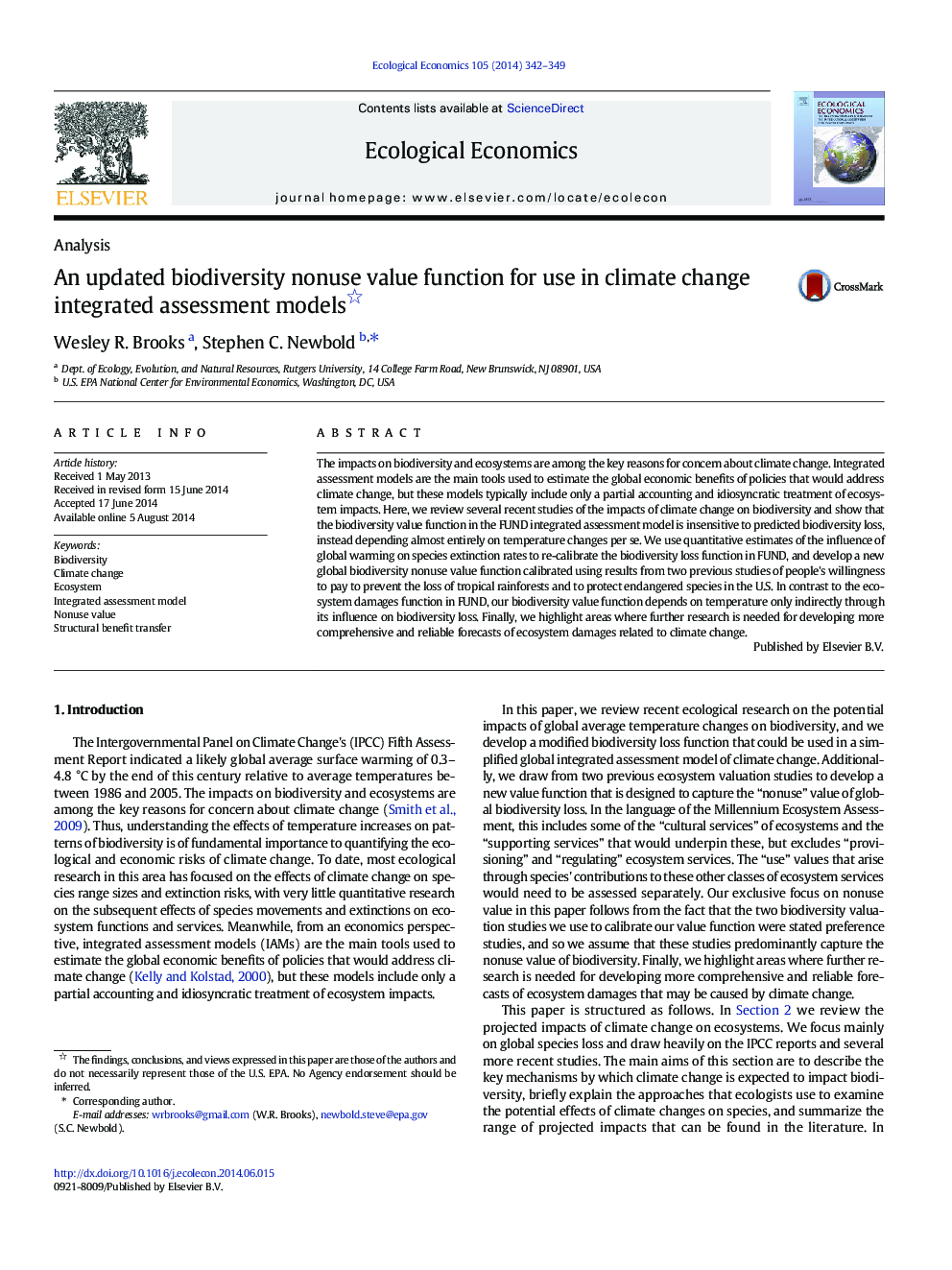 An updated biodiversity nonuse value function for use in climate change integrated assessment models