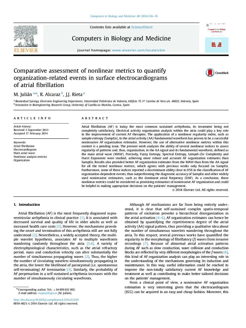 Comparative assessment of nonlinear metrics to quantify organization-related events in surface electrocardiograms of atrial fibrillation