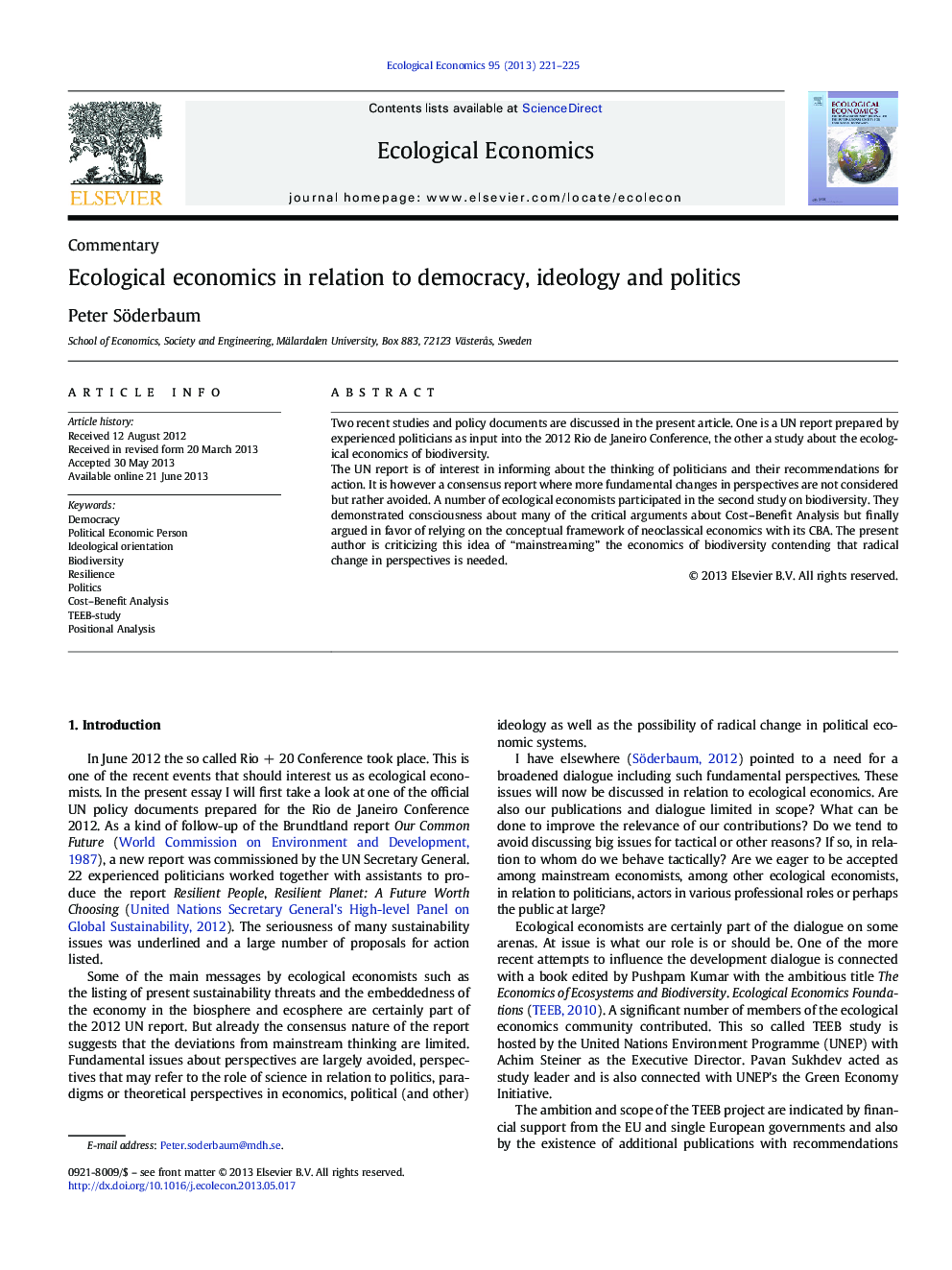 Ecological economics in relation to democracy, ideology and politics