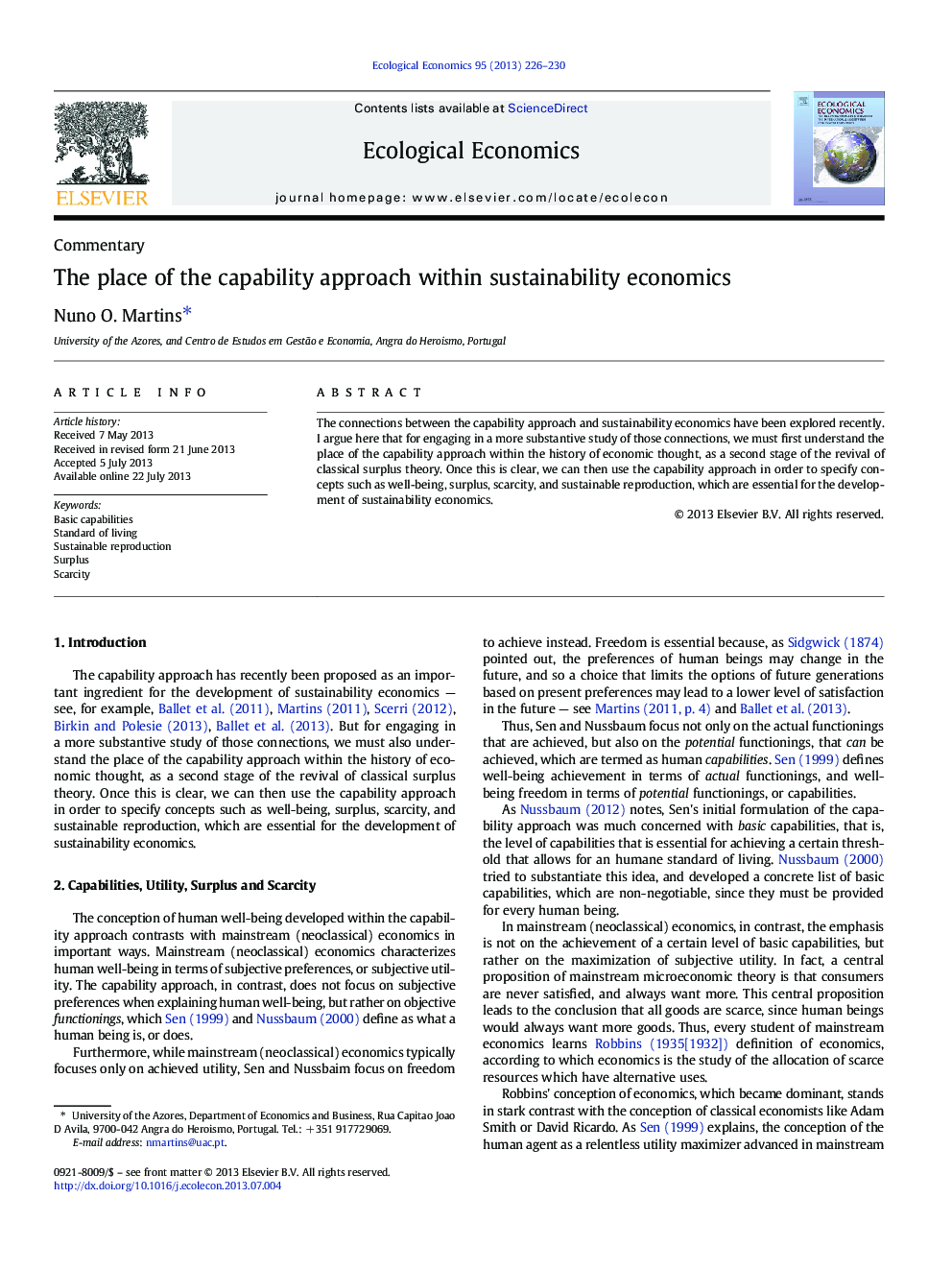 The place of the capability approach within sustainability economics