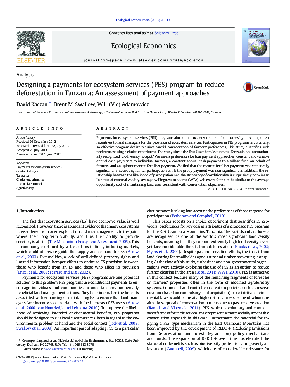 Designing a payments for ecosystem services (PES) program to reduce deforestation in Tanzania: An assessment of payment approaches