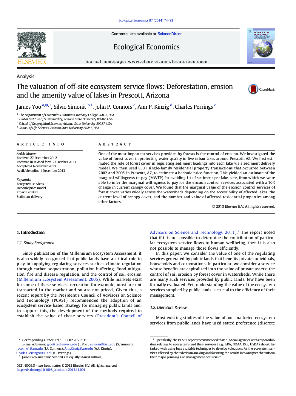 The valuation of off-site ecosystem service flows: Deforestation, erosion and the amenity value of lakes in Prescott, Arizona