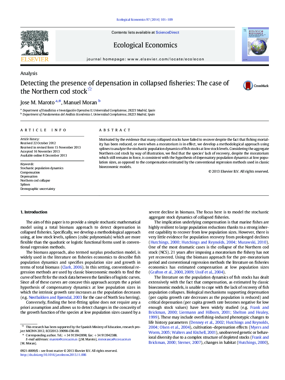 Detecting the presence of depensation in collapsed fisheries: The case of the Northern cod stock