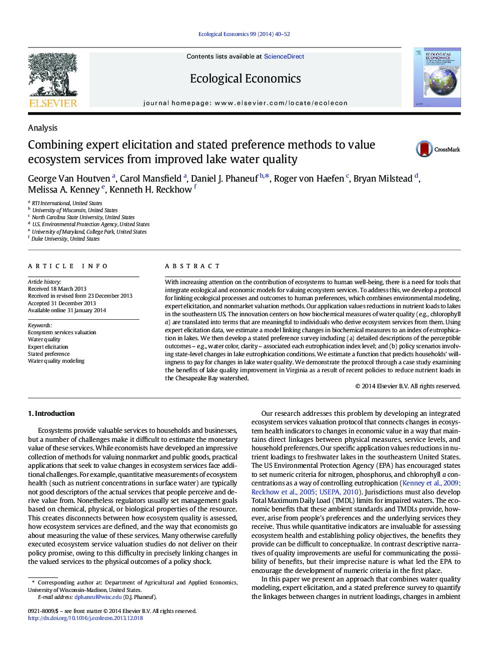 Combining expert elicitation and stated preference methods to value ecosystem services from improved lake water quality