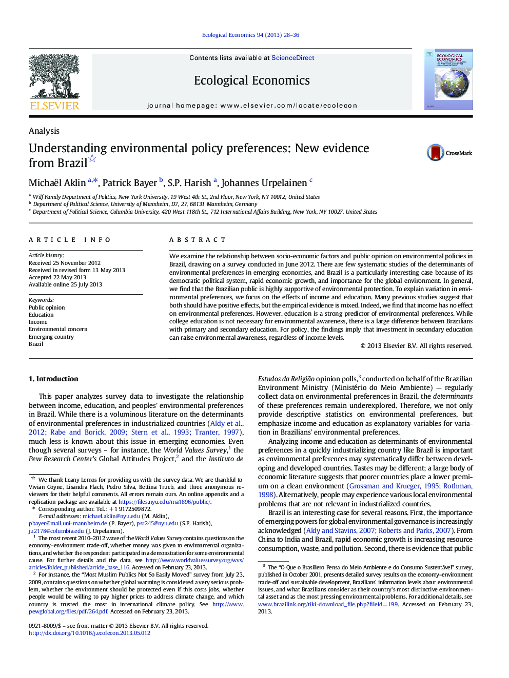 Understanding environmental policy preferences: New evidence from Brazil