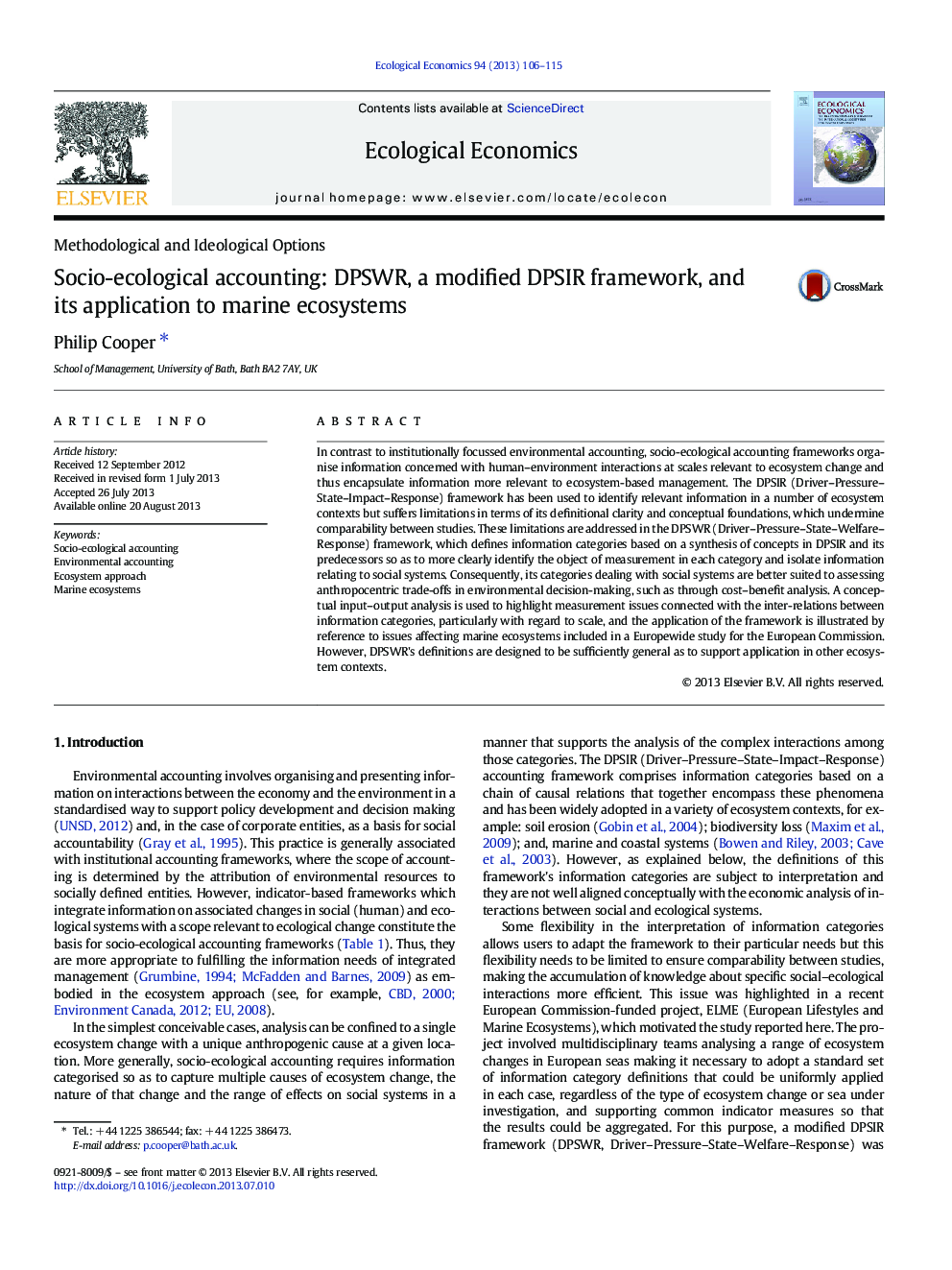 Socio-ecological accounting: DPSWR, a modified DPSIR framework, and its application to marine ecosystems