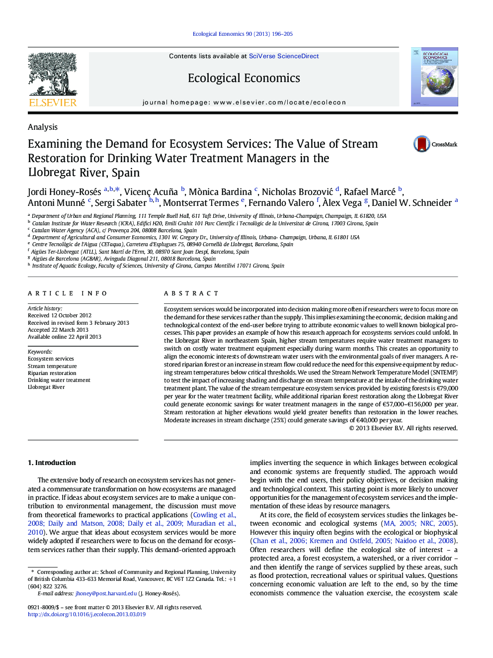 Examining the Demand for Ecosystem Services: The Value of Stream Restoration for Drinking Water Treatment Managers in the Llobregat River, Spain