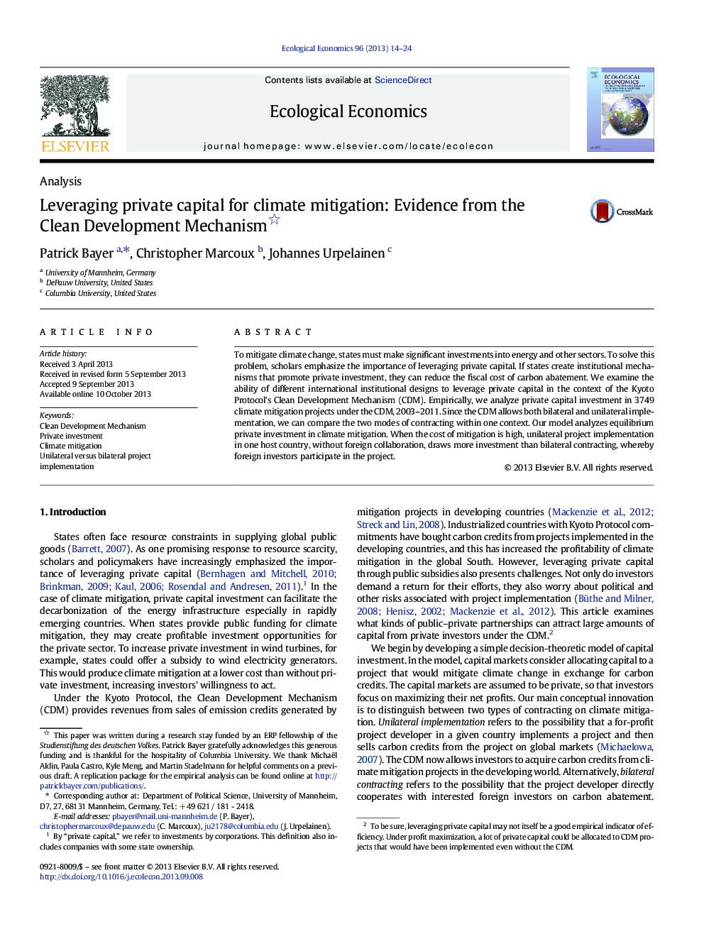 Leveraging private capital for climate mitigation: Evidence from the Clean Development Mechanism