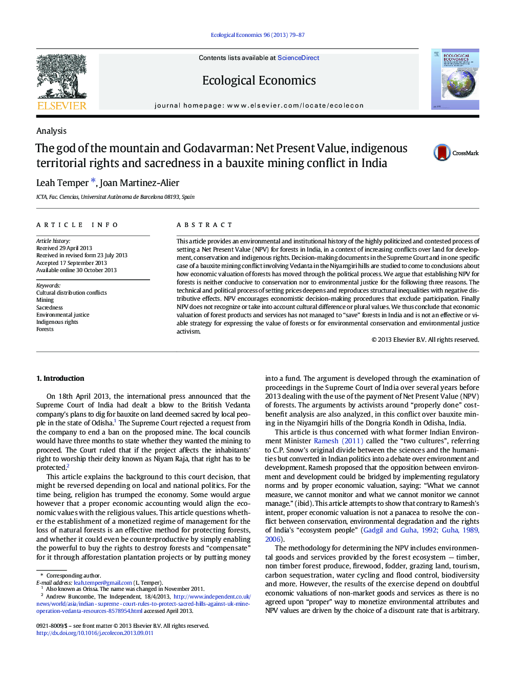 The god of the mountain and Godavarman: Net Present Value, indigenous territorial rights and sacredness in a bauxite mining conflict in India