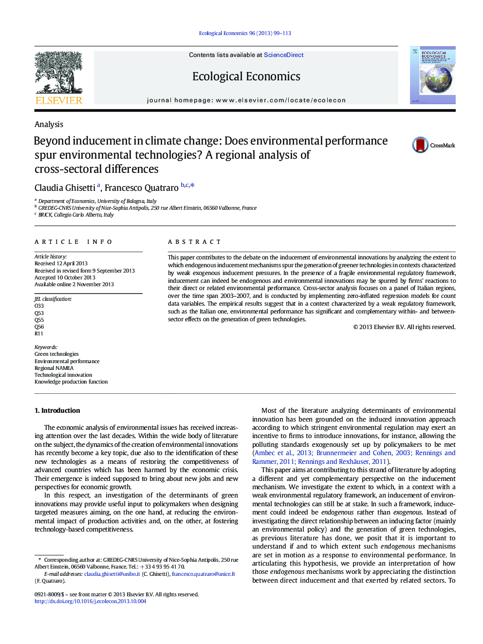 Beyond inducement in climate change: Does environmental performance spur environmental technologies? A regional analysis of cross-sectoral differences