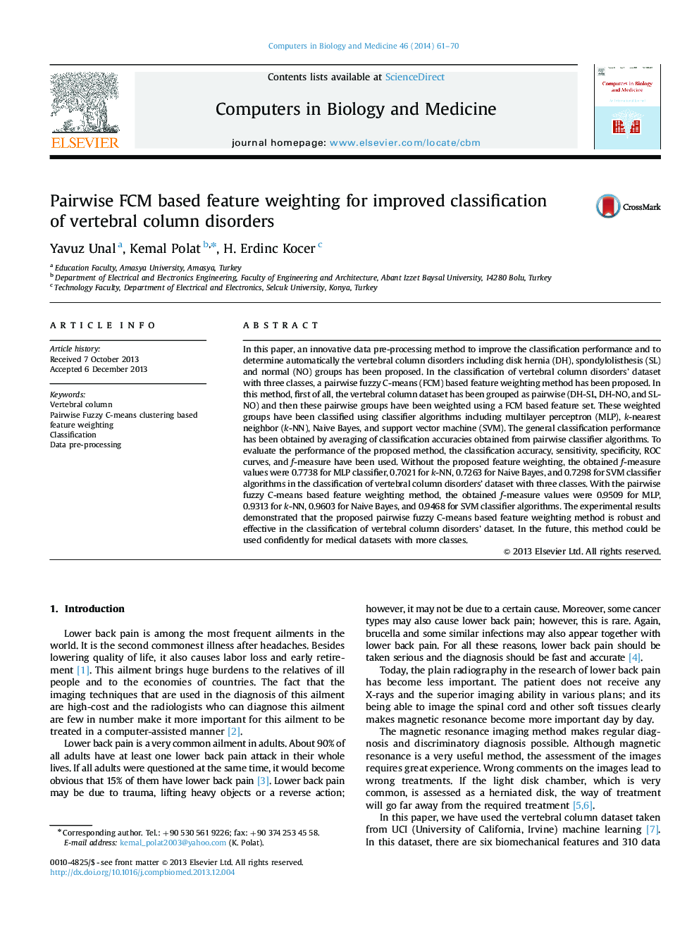 Pairwise FCM based feature weighting for improved classification of vertebral column disorders