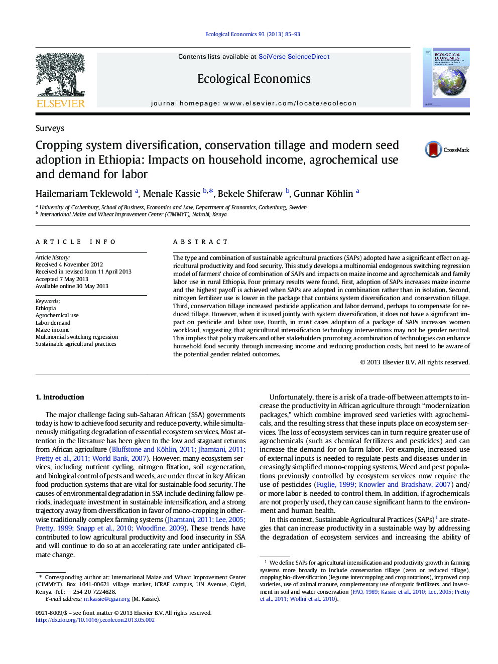 Cropping system diversification, conservation tillage and modern seed adoption in Ethiopia: Impacts on household income, agrochemical use and demand for labor