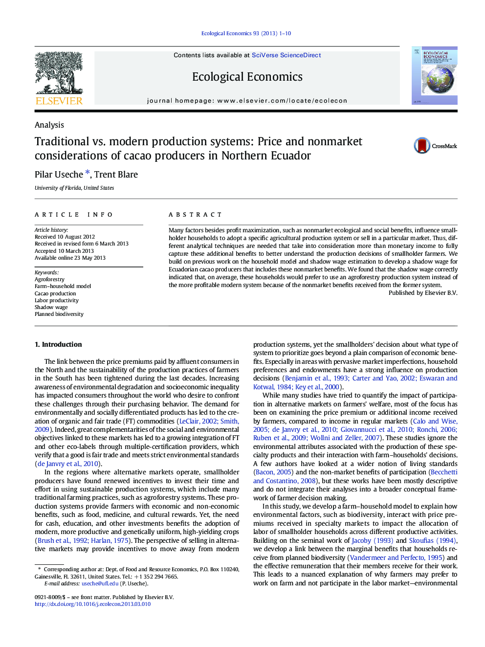 Traditional vs. modern production systems: Price and nonmarket considerations of cacao producers in Northern Ecuador