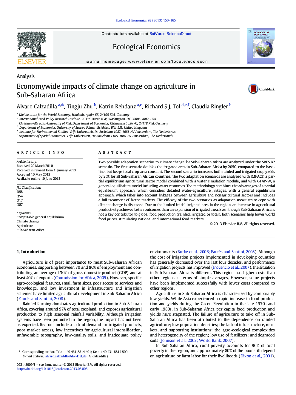 Economywide impacts of climate change on agriculture in Sub-Saharan Africa