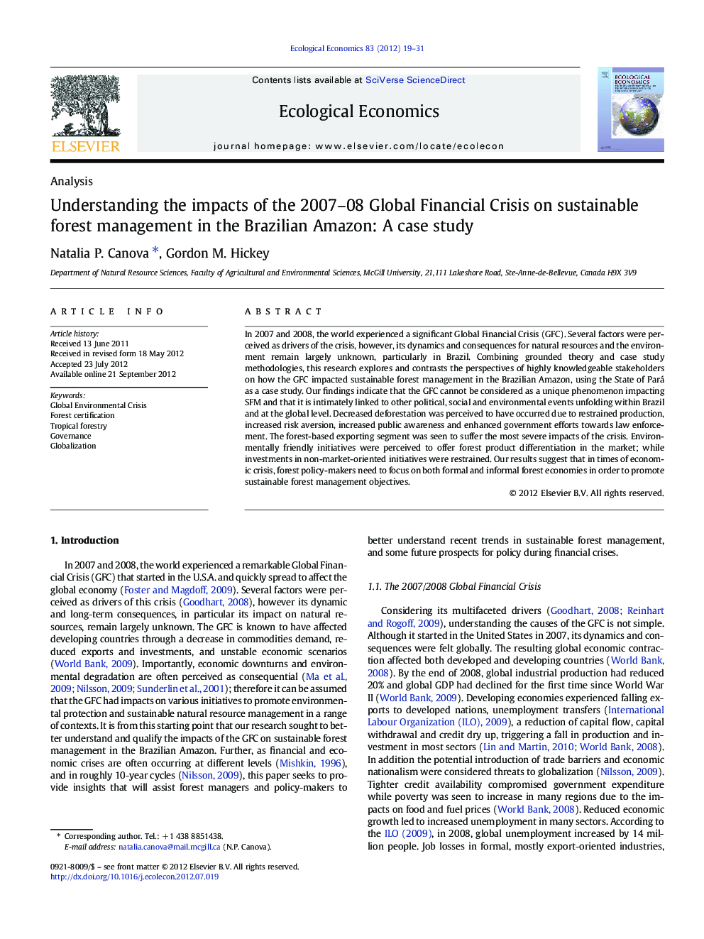 Understanding the impacts of the 2007-08 Global Financial Crisis on sustainable forest management in the Brazilian Amazon: A case study