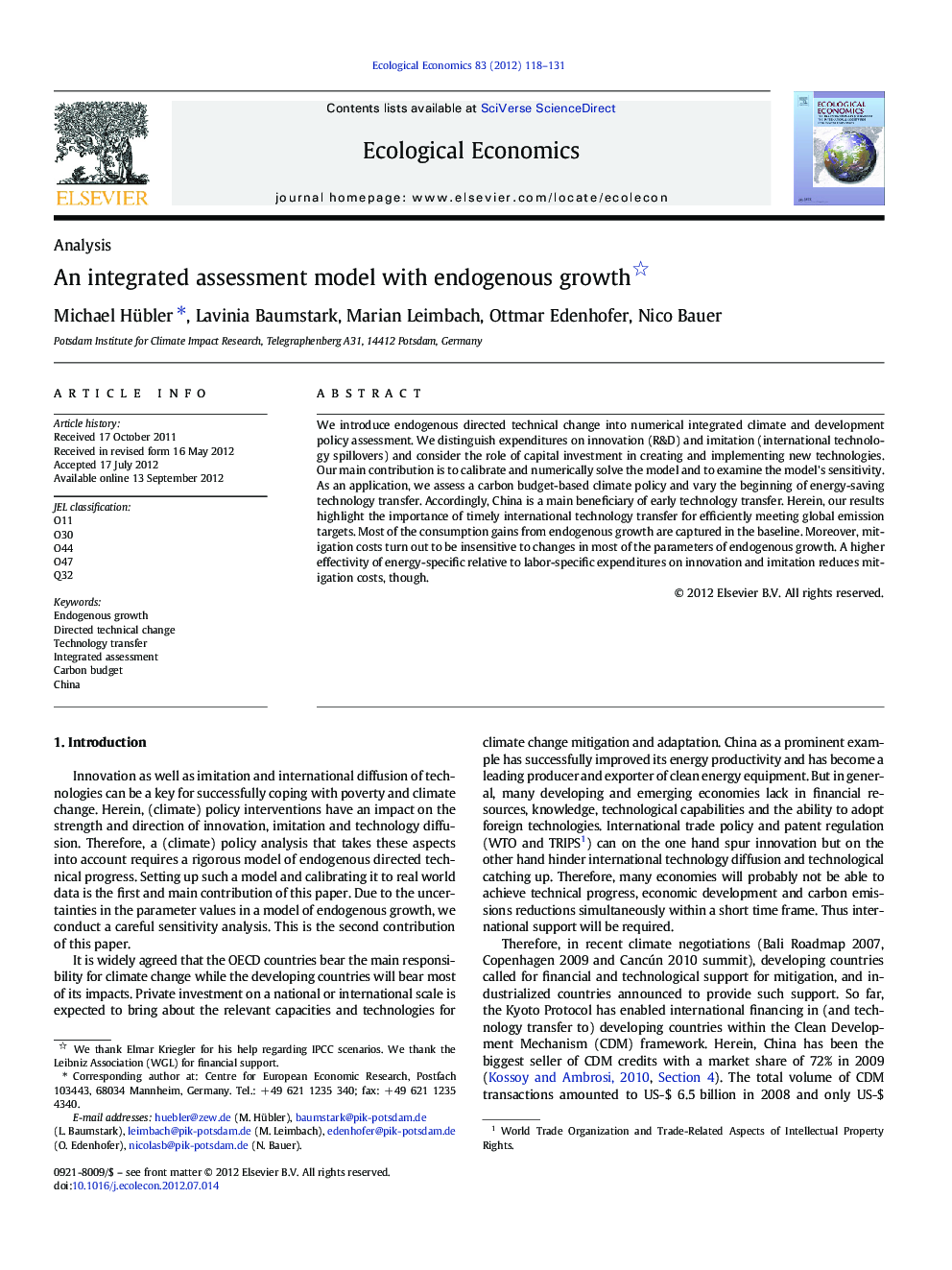 An integrated assessment model with endogenous growth