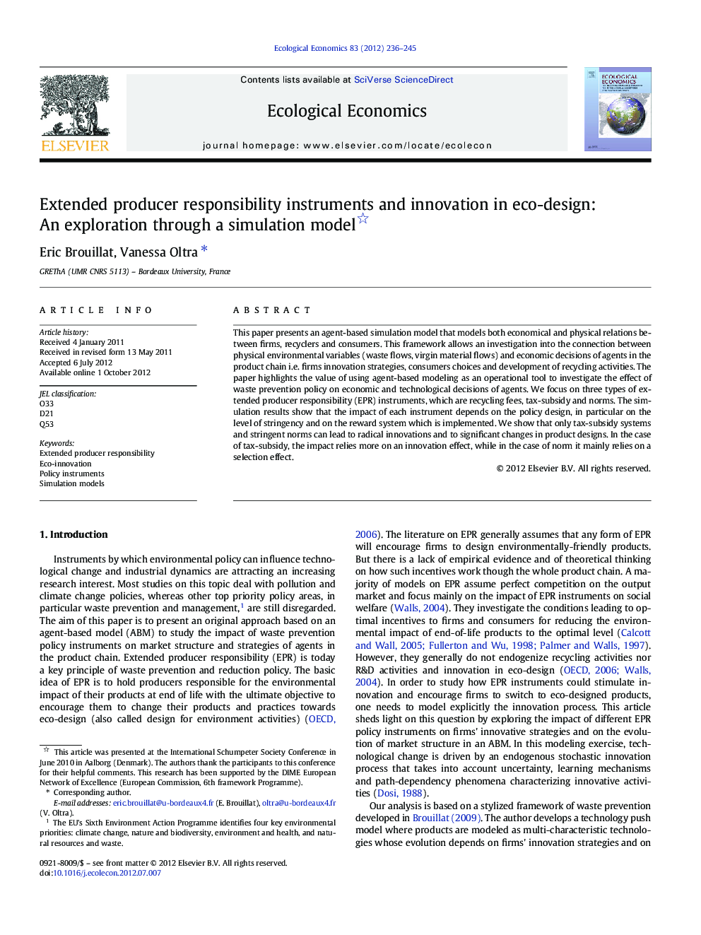 Extended producer responsibility instruments and innovation in eco-design: An exploration through a simulation model