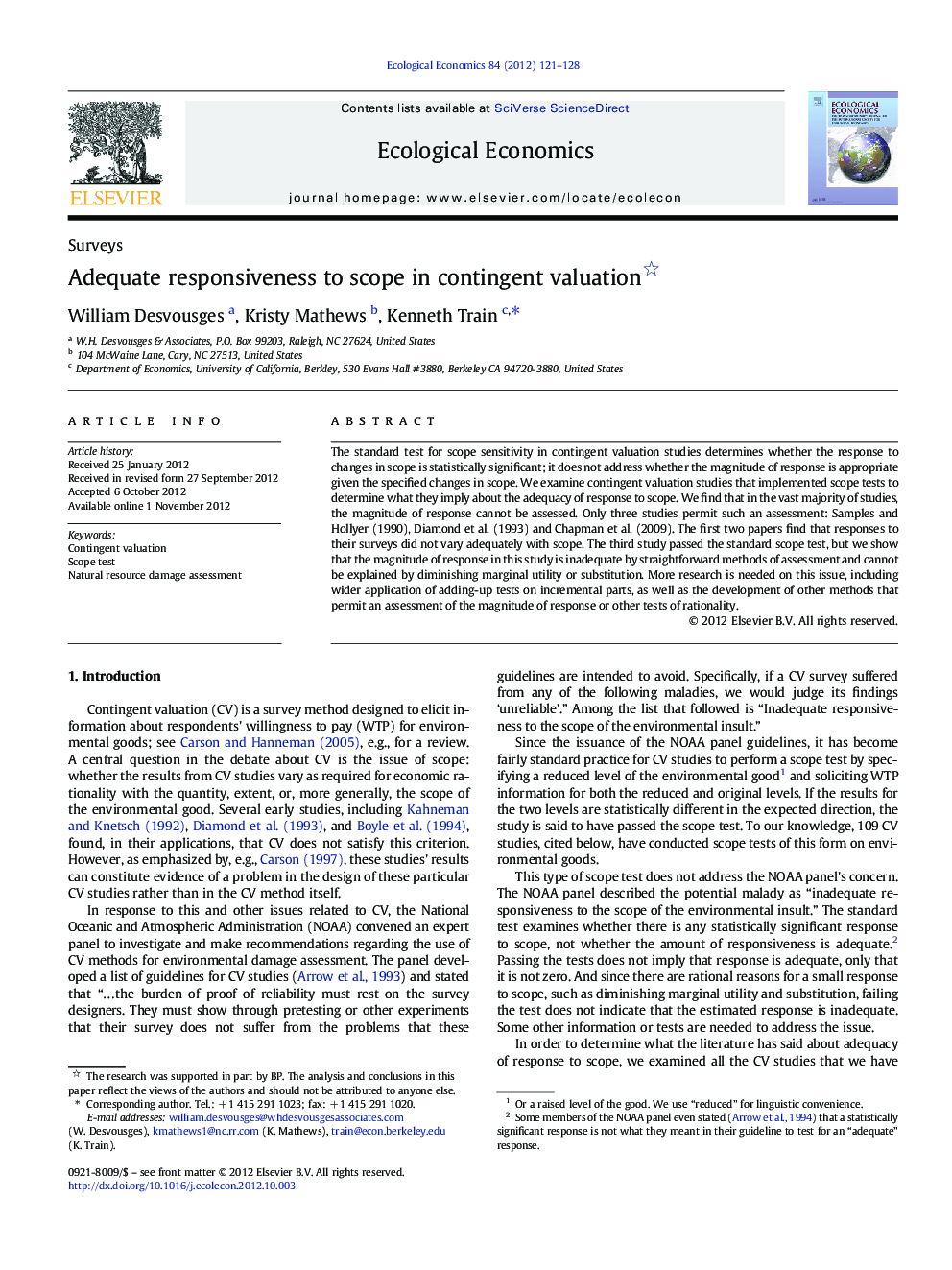 Adequate responsiveness to scope in contingent valuation