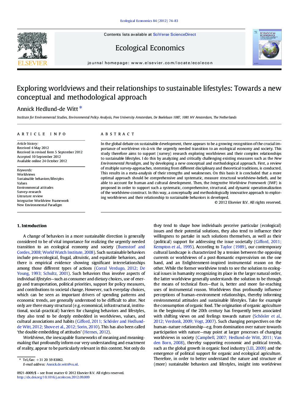 Exploring worldviews and their relationships to sustainable lifestyles: Towards a new conceptual and methodological approach