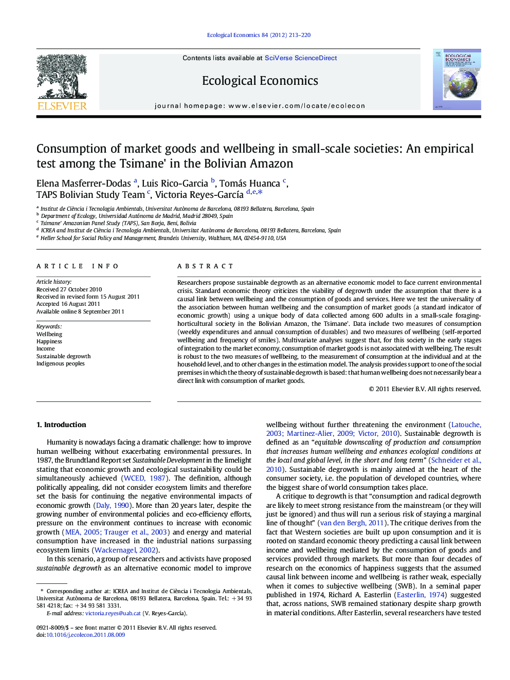 Consumption of market goods and wellbeing in small-scale societies: An empirical test among the Tsimane' in the Bolivian Amazon