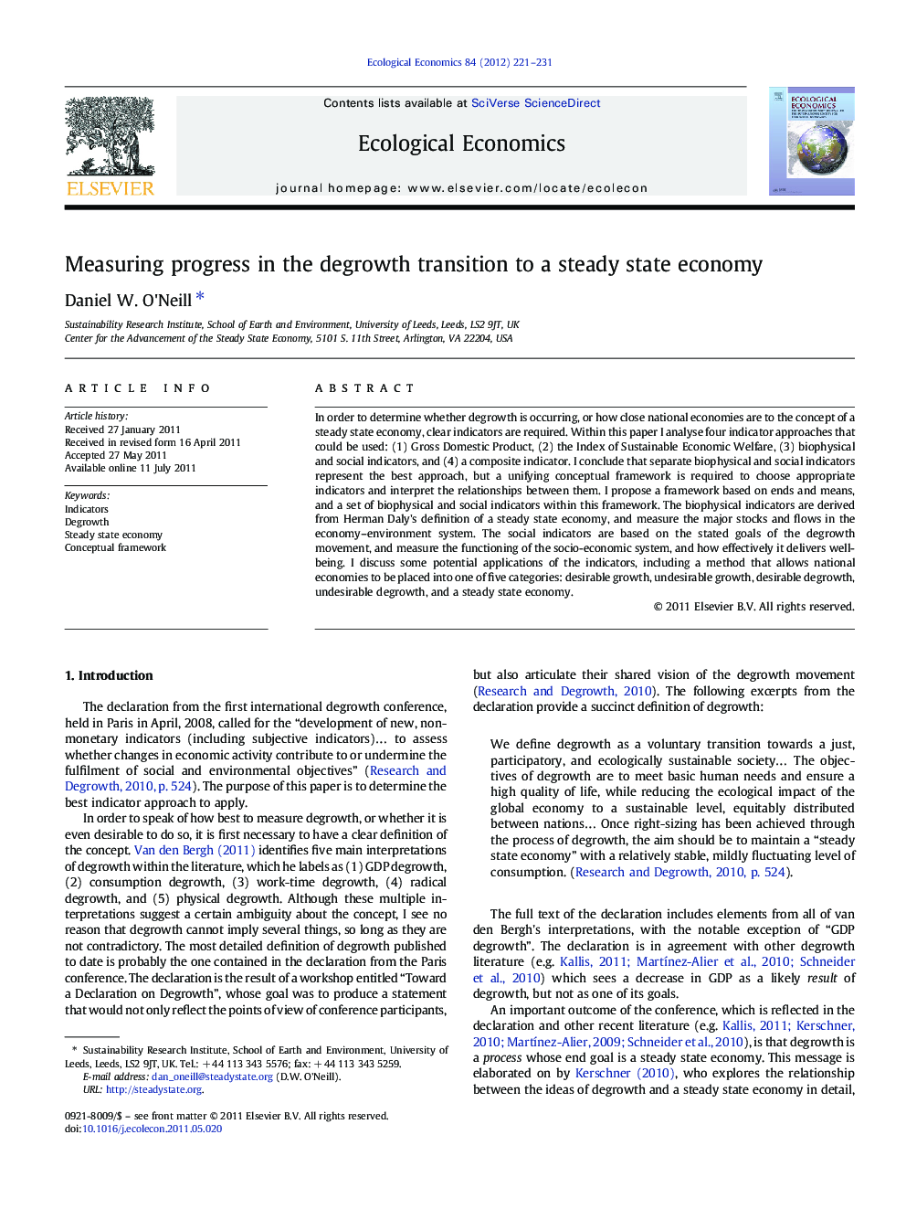 عکس صفحه اول مقاله: Measuring progress in the degrowth transition to a steady state economy Measuring progress in the degrowth transition to a steady state economy