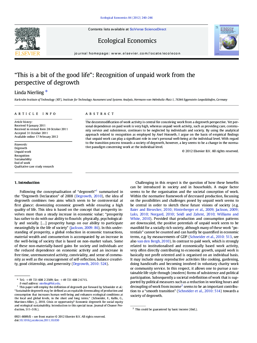 “This is a bit of the good life”: Recognition of unpaid work from the perspective of degrowth