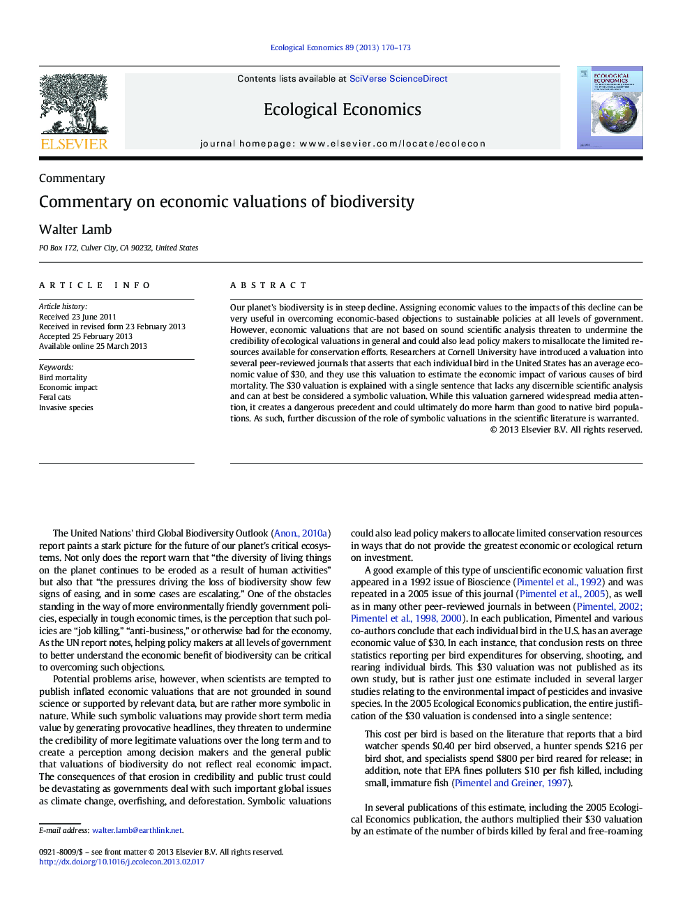 CommentaryCommentary on economic valuations of biodiversity