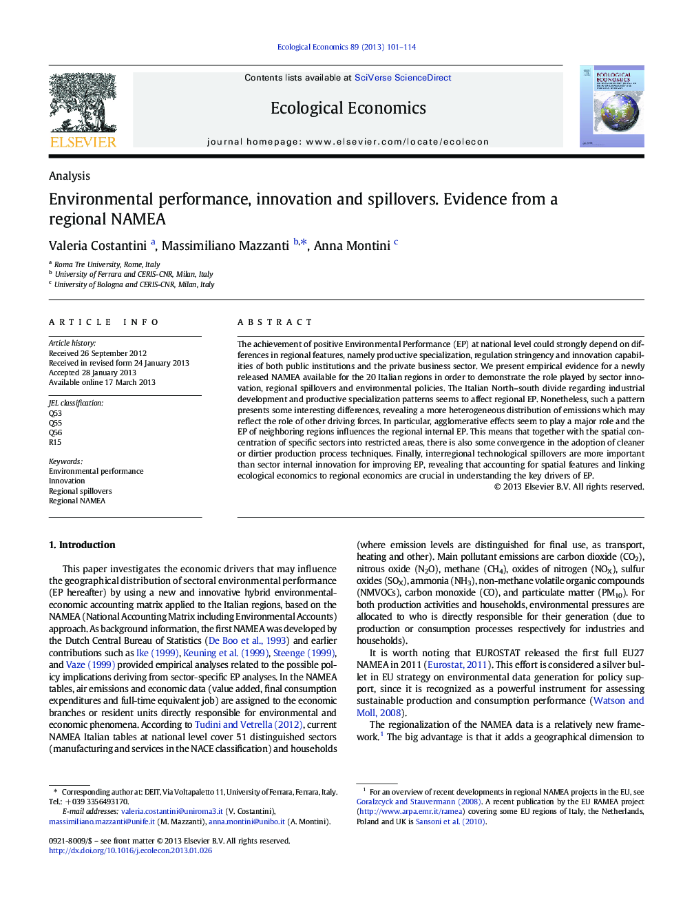 AnalysisEnvironmental performance, innovation and spillovers. Evidence from a regional NAMEA
