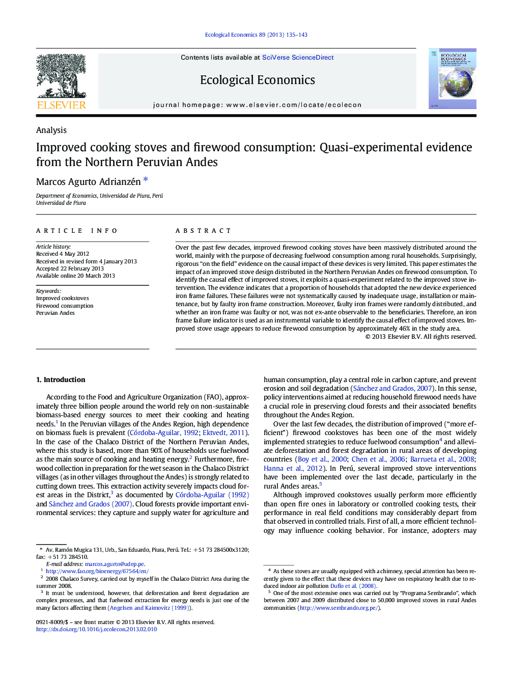 Improved cooking stoves and firewood consumption: Quasi-experimental evidence from the Northern Peruvian Andes