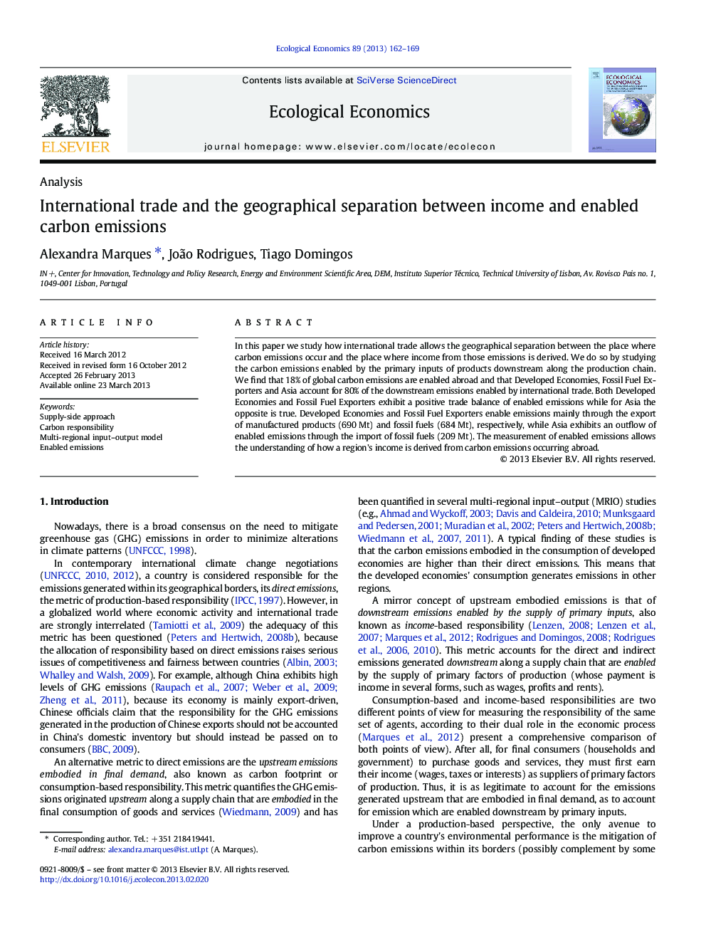 AnalysisInternational trade and the geographical separation between income and enabled carbon emissions