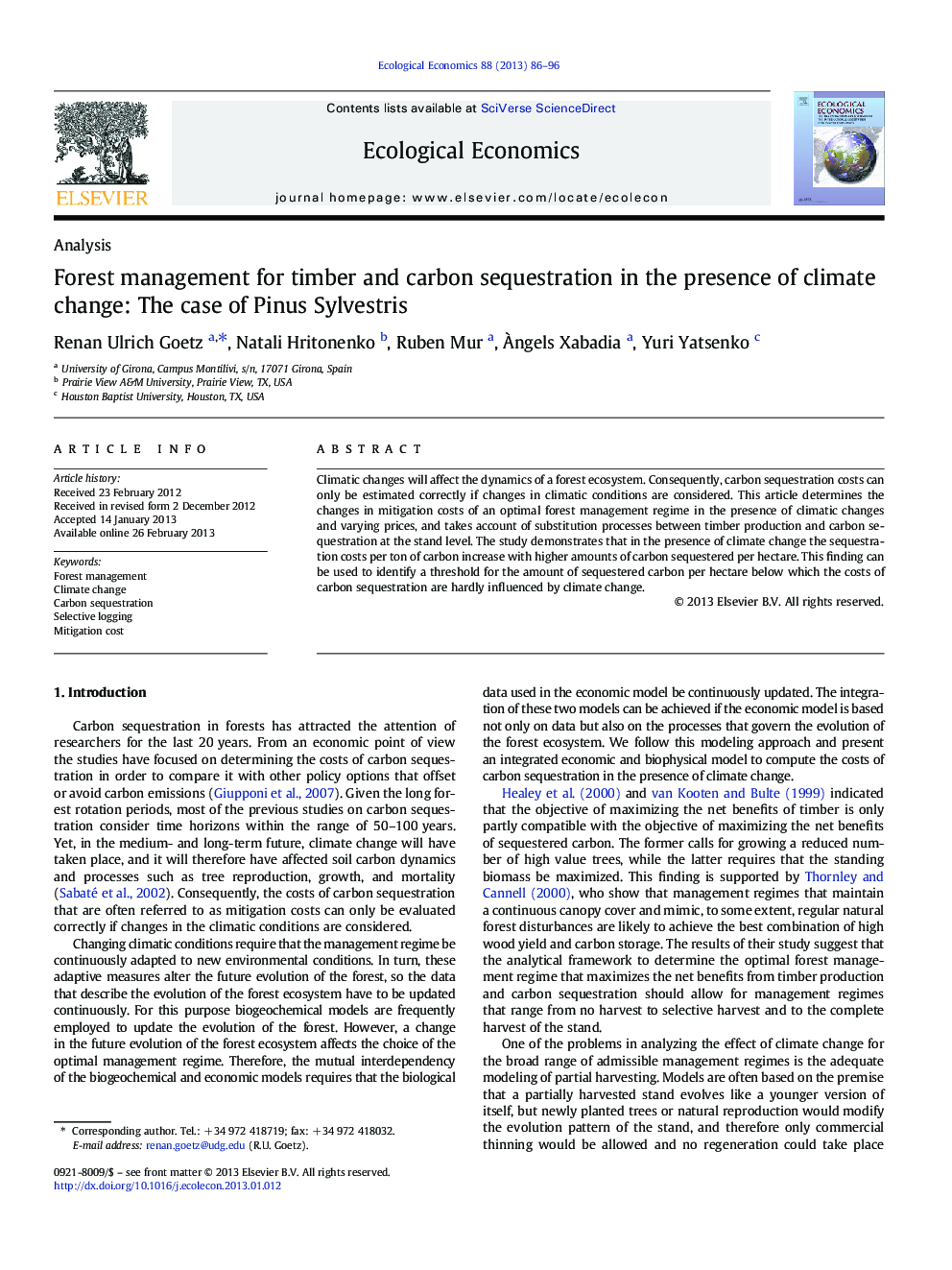 Forest management for timber and carbon sequestration in the presence of climate change: The case of Pinus Sylvestris