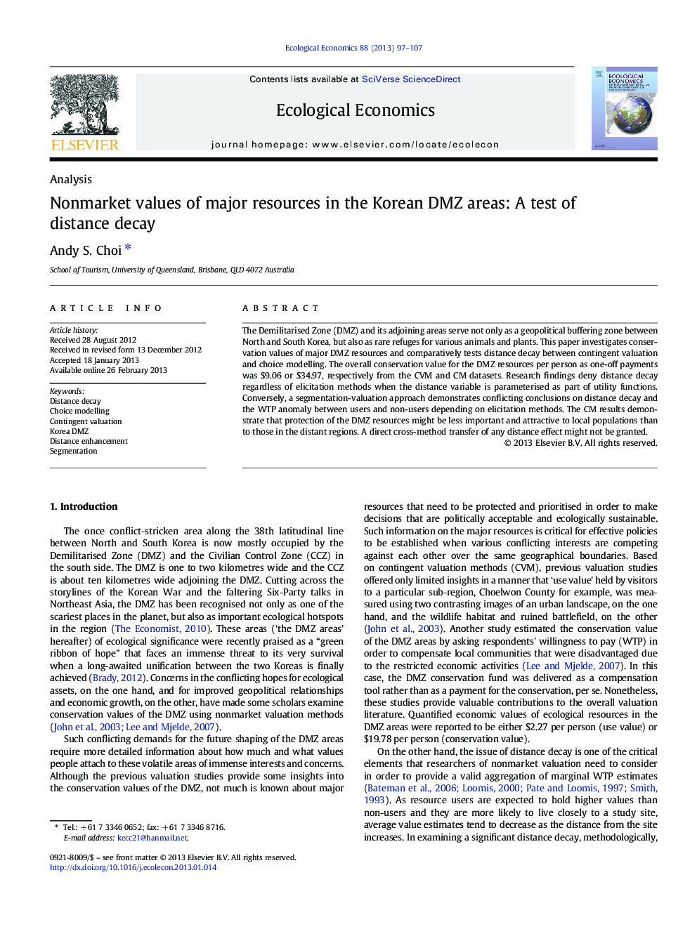 Nonmarket values of major resources in the Korean DMZ areas: A test of distance decay