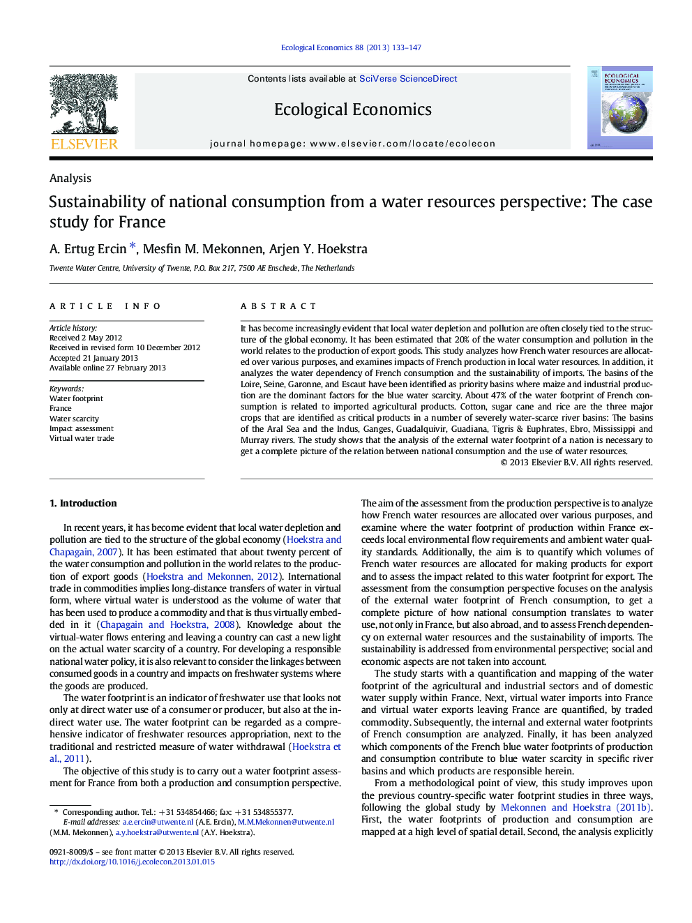 Sustainability of national consumption from a water resources perspective: The case study for France