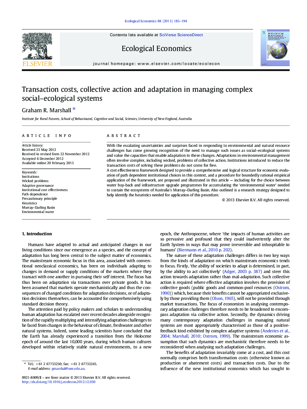 Transaction costs, collective action and adaptation in managing complex social-ecological systems