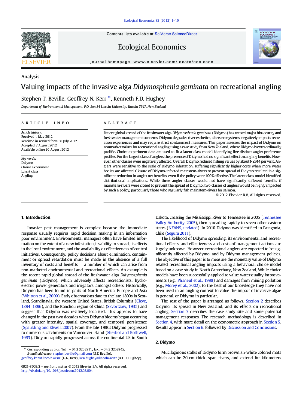 Valuing impacts of the invasive alga Didymosphenia geminata on recreational angling