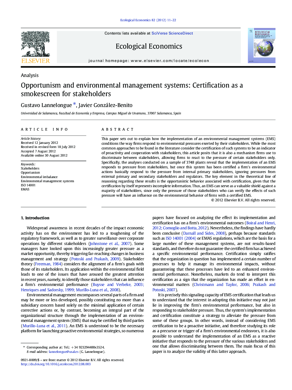 Opportunism and environmental management systems: Certification as a smokescreen for stakeholders