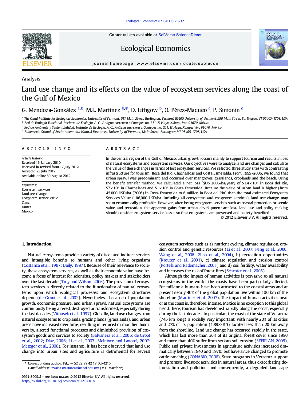 Land use change and its effects on the value of ecosystem services along the coast of the Gulf of Mexico