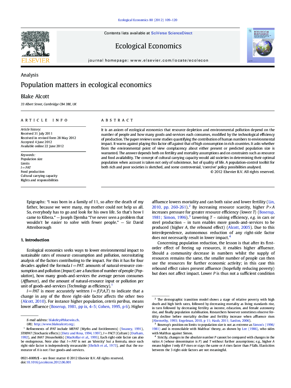 Population matters in ecological economics