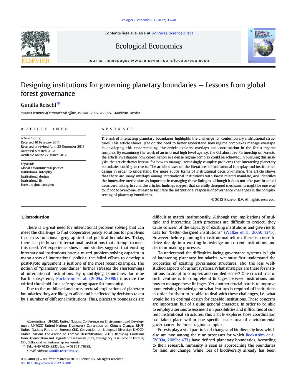 Designing institutions for governing planetary boundaries - Lessons from global forest governance